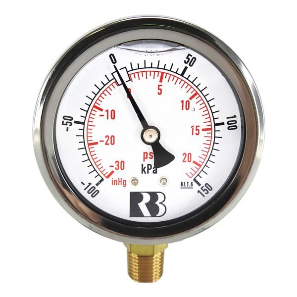 Ross Brown 63mm Pressure Gauge, General Purpose Liquid Filled Stainless Steel Case, -100-150 kPa, 1/4 BPST B/E (1613860)