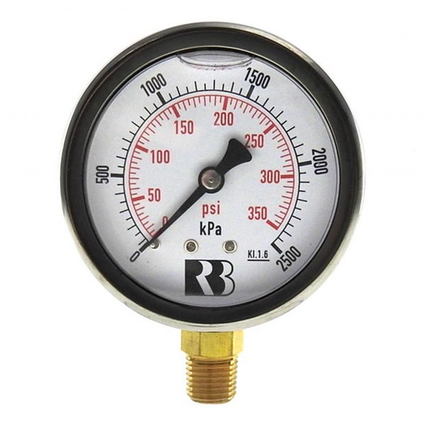 Ross Brown 63mm Pressure Gauge, General Purpose Liquid Filled Stainless Steel Case, 0-2500 kPa, 1/4 BPST B/E (1614250)