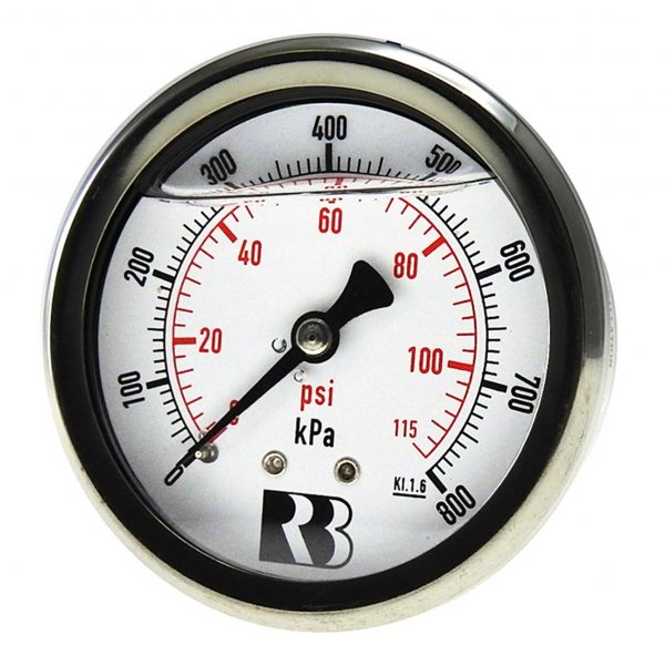 Ross Brown 63mm Pressure Gauge, General Purpose Liquid Filled Stainless Steel Case, 0-800 kPa, 1/4 BPST R/E (1615300E)