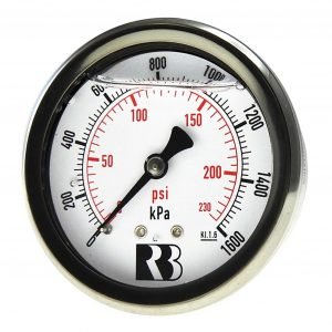 Ross Brown 63mm Pressure Gauge, General Purpose Liquid Filled Stainless Steel Case, 0-1600 kPa, 1/4 BPST R/E (1615400)