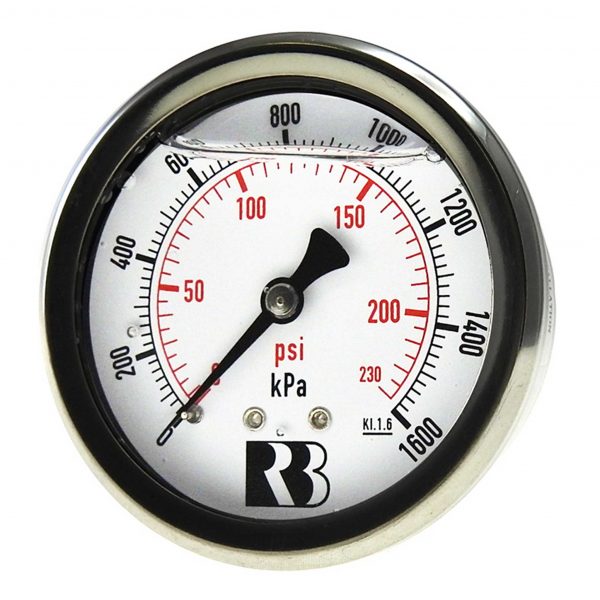 Ross Brown 63mm Pressure Gauge, General Purpose Liquid Filled Stainless Steel Case, 0-1600 kPa, 1/4 BPST R/E (1615400)