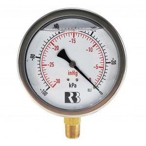 Ross Brown 100mm Pressure Gauge, General Purpose Liquid Filled Stainless Steel Case, -100-0 kPa, 3/8 BSPT B/E (1618500E)