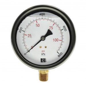 Ross Brown 100mm Pressure Gauge, General Purpose Liquid Filled Stainless Steel Case, 0-800 kPa, 3/8 BSPT B/E (1618560H)