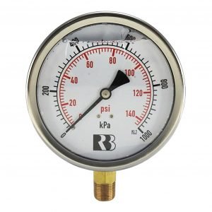 Ross Brown 100mm Pressure Gauge, General Purpose Liquid Filled Stainless Steel Case, 0-1000 kPa, 3/8 BSPT B/E (1618570E)