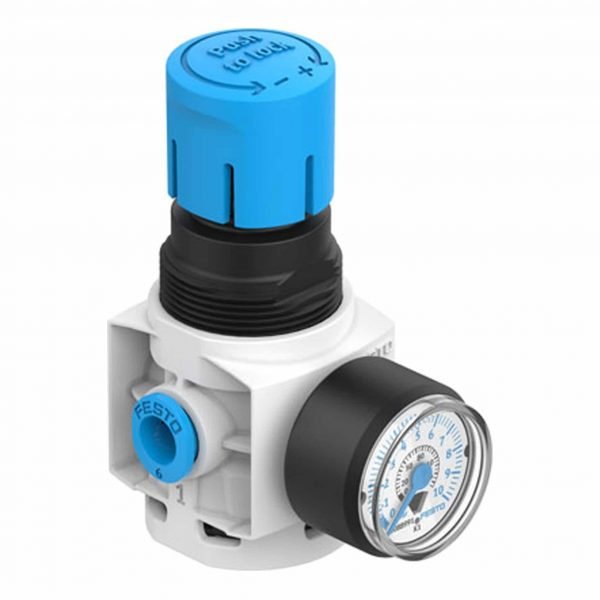 Festo MS2-LR-QS6-D6-AR-BAR-B Pressure Regulator, 7 bar, 350 l/min, directly-controlled diaphragm regulator, with pressure gauge, lockable regulator head (8086638)